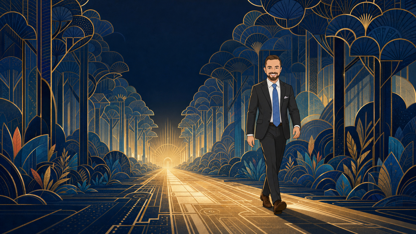 An illustrated Joseph L. Smith walking through an Art Deco digital forest